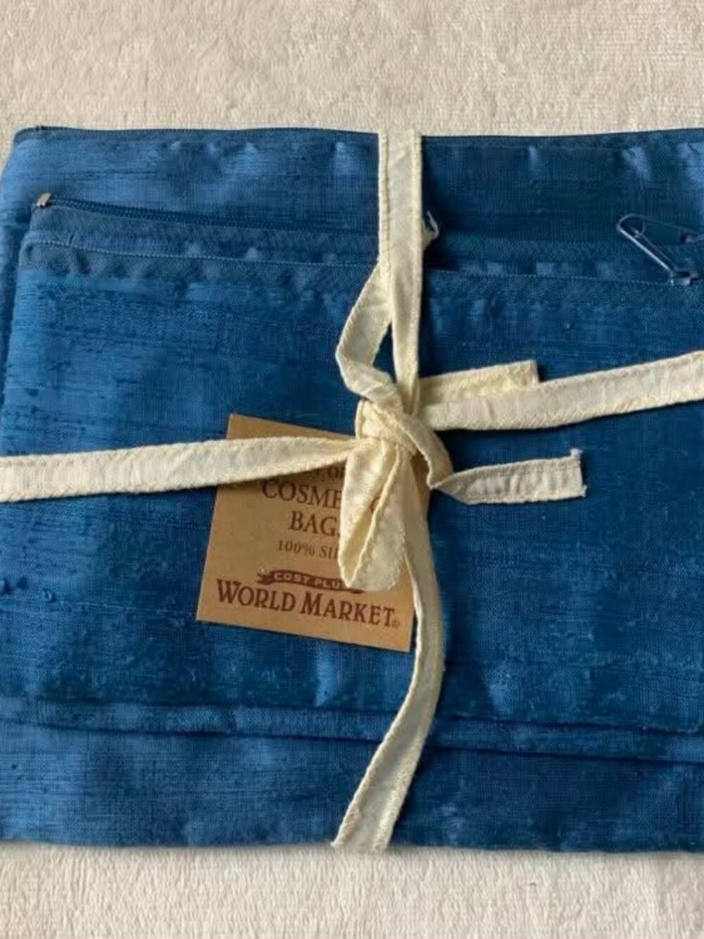 NWT World Market Set of 3 Blue Silk Cosmetic Toiletry Etc. Bags